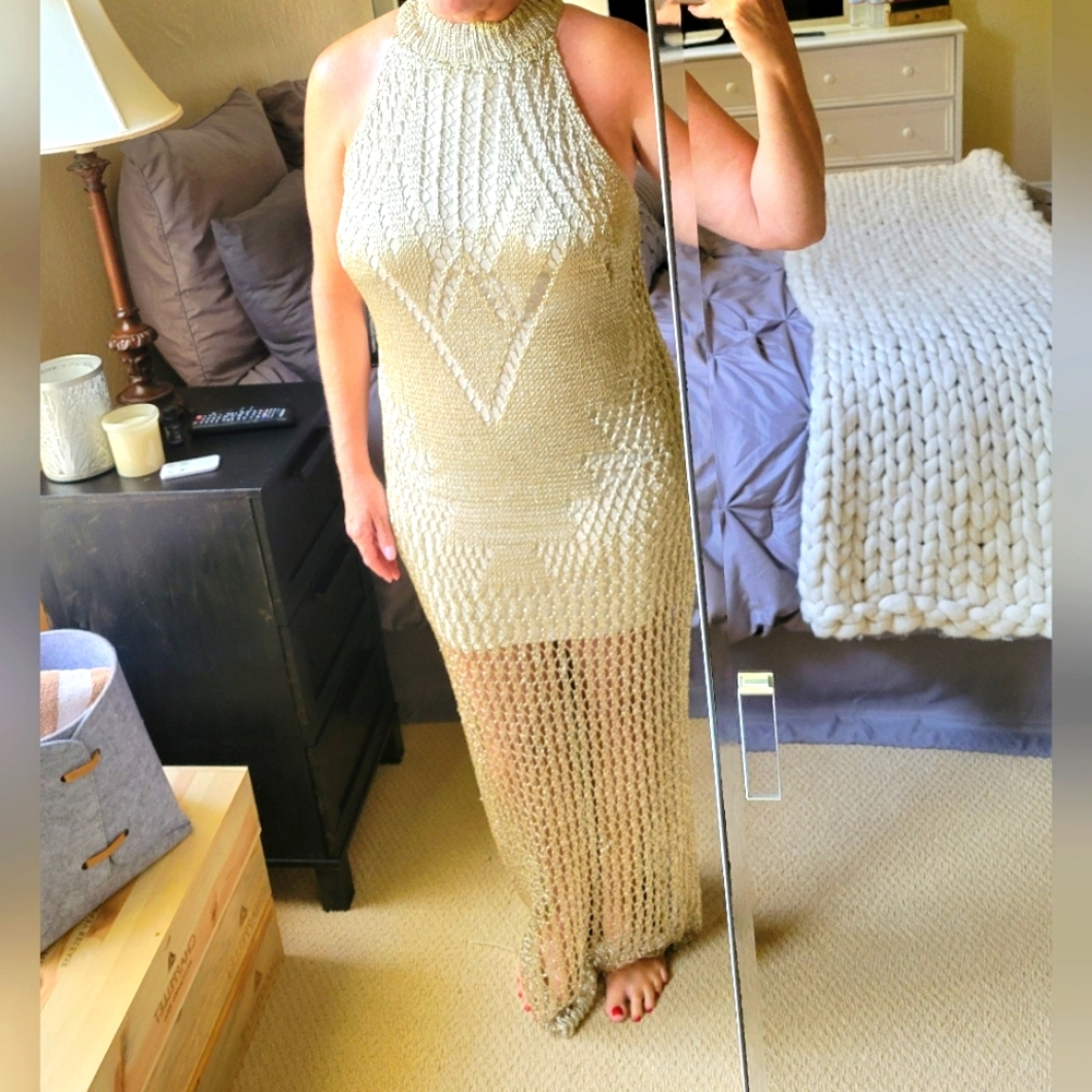 NWT Flattering metallic gold halter maxi dress